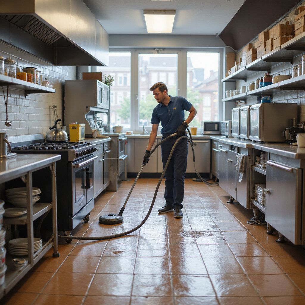 Person cleaning a commercial kitchen floor with a machine. Stainless steel appliances and tile floor.