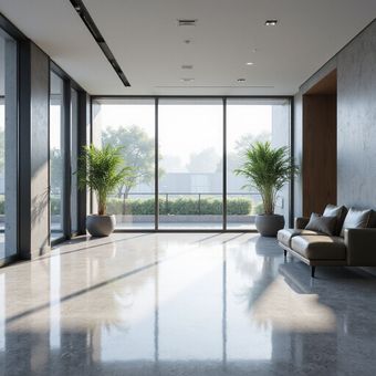 Modern lobby with large windows, potted trees, and leather sofa, flooded with natural light.