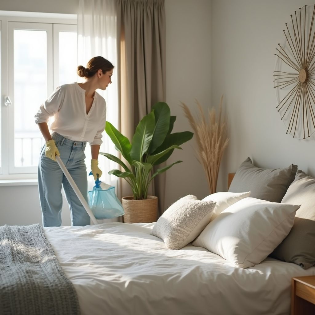 Woman vacuums a white bed in a bright bedroom, wearing gloves and light-colored clothes.