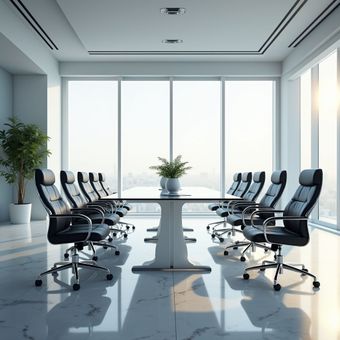 Modern office boardroom with black leather chairs around a long table. Large windows provide natural light.