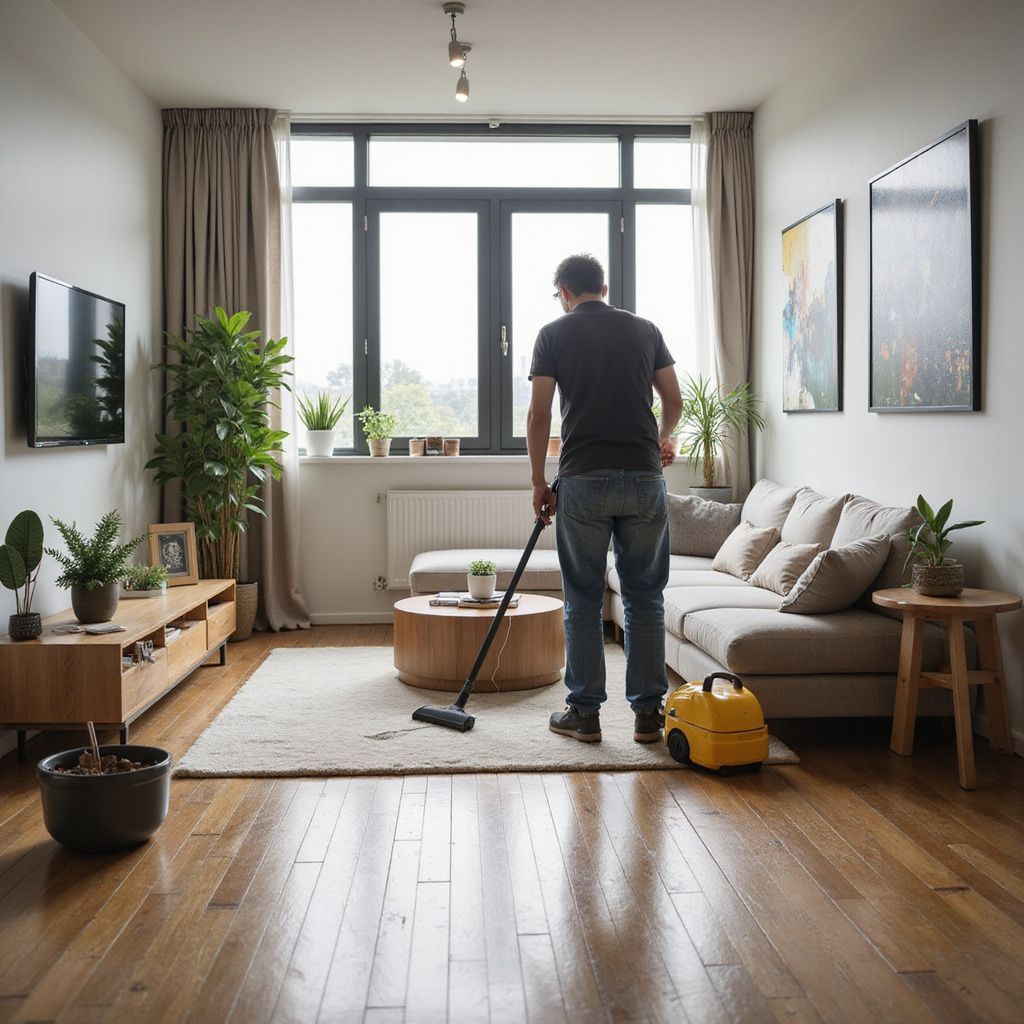 Man vacuuming a living room with wooden floors, neutral-colored couch, and potted plants.