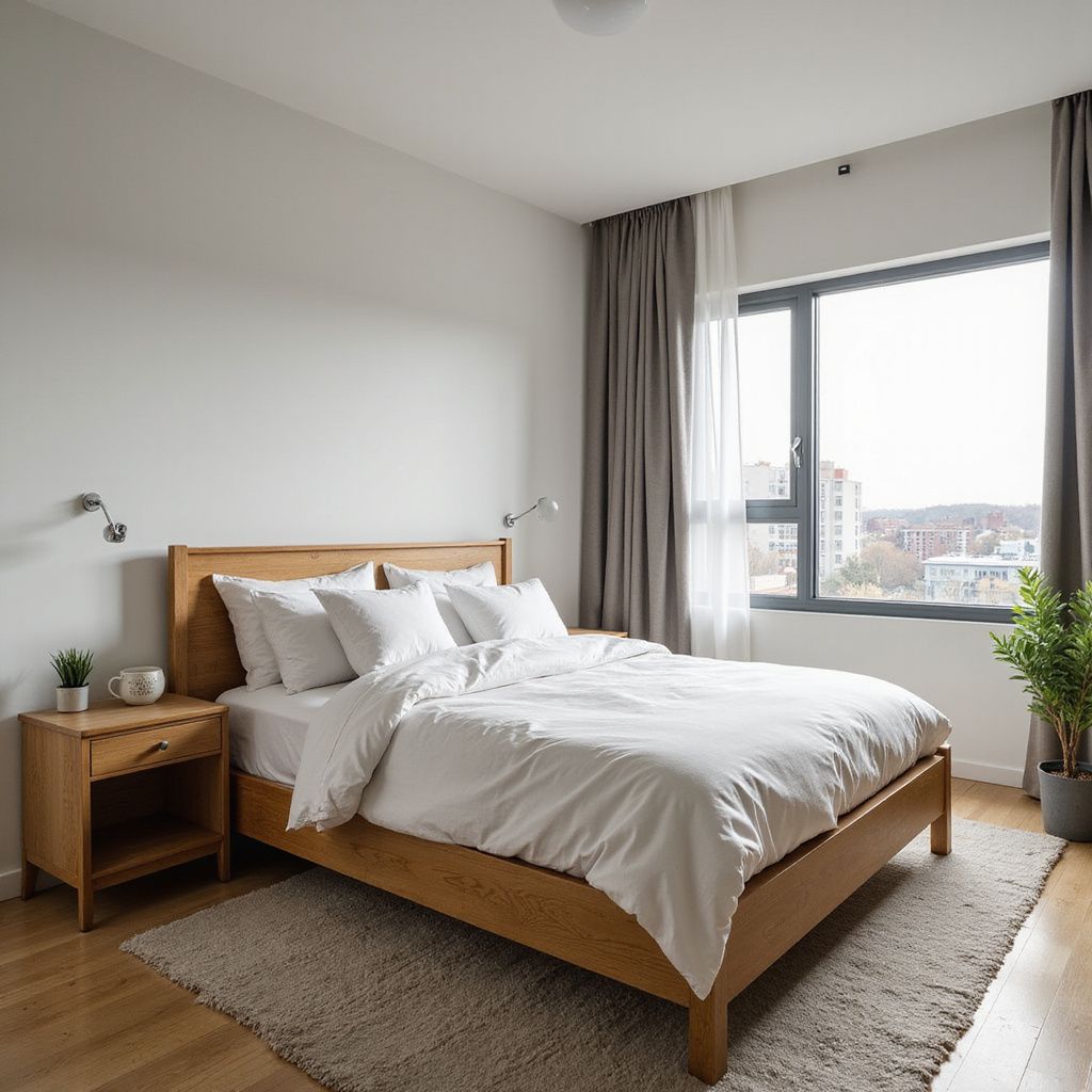 Bedroom with light wood bed, white bedding, window, and small rug.
