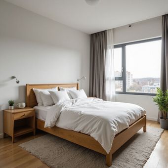 Bedroom with a wooden bed, white bedding, nightstand, and window with curtains; neutral colors and natural light.