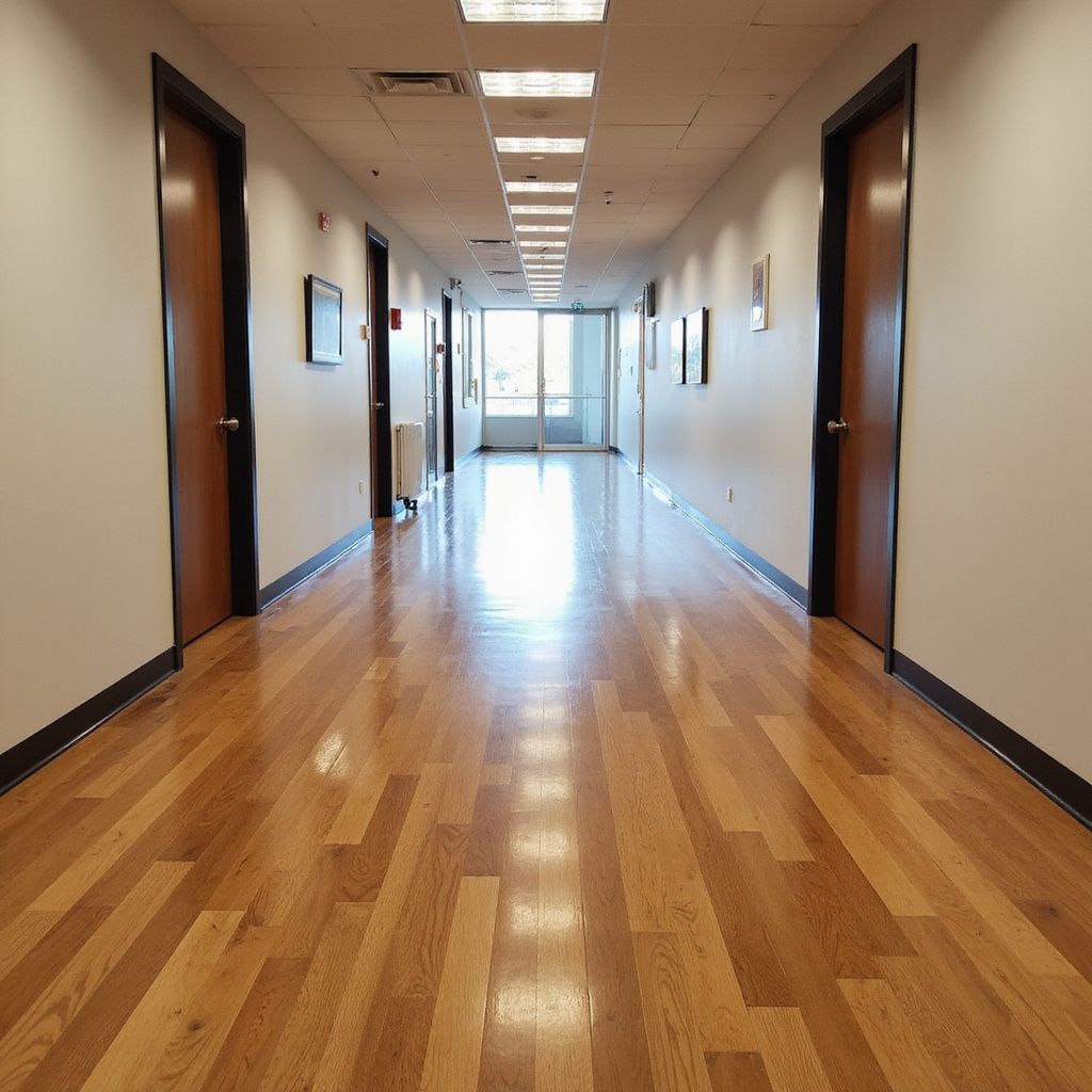 Long hallway with wood floor, doors, and a bright window at the end.