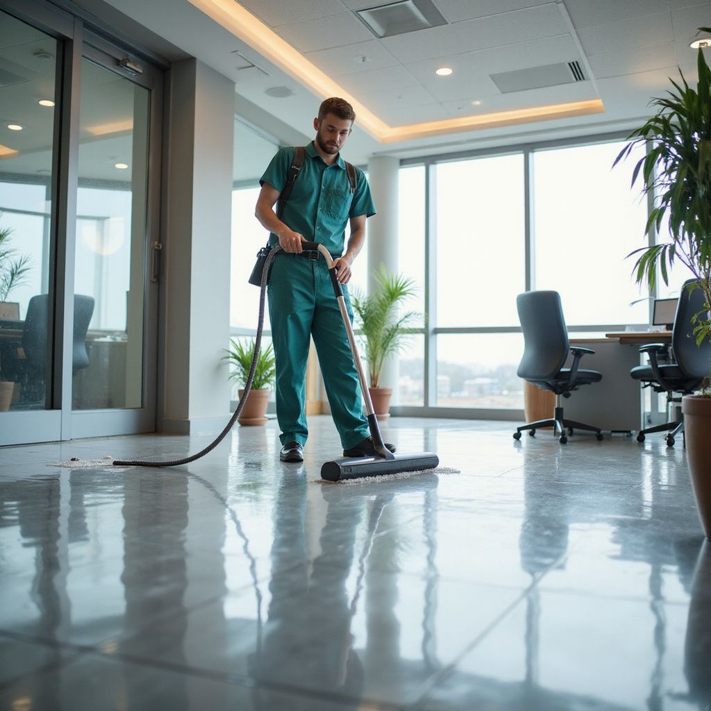 Man vacuuming a polished concrete floor in a modern office, wearing green uniform.