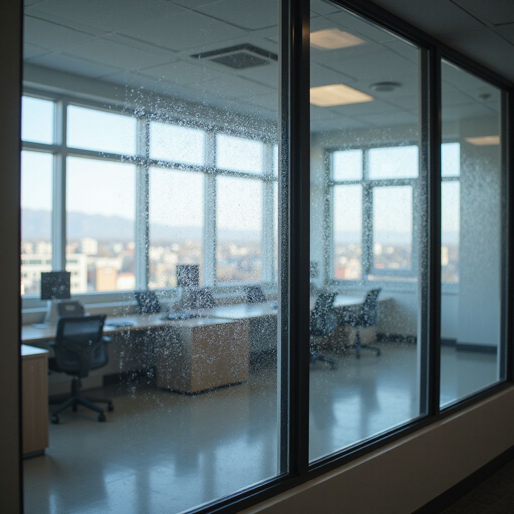 Office interior with large windows, desks, chairs, and city view partially obscured by condensation.