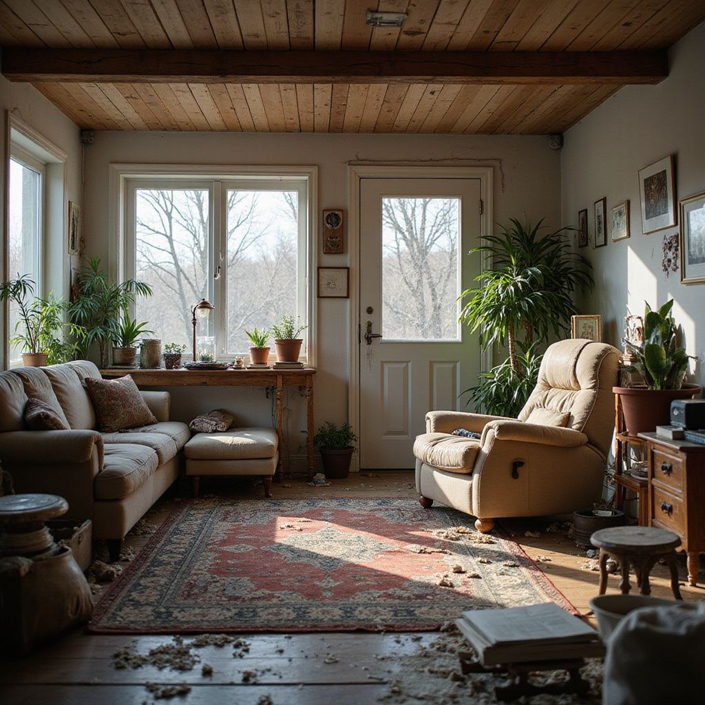 Cozy living room with wood ceiling, large windows, sofa, armchair, plants, and sunlight. Red rug on wooden floor.