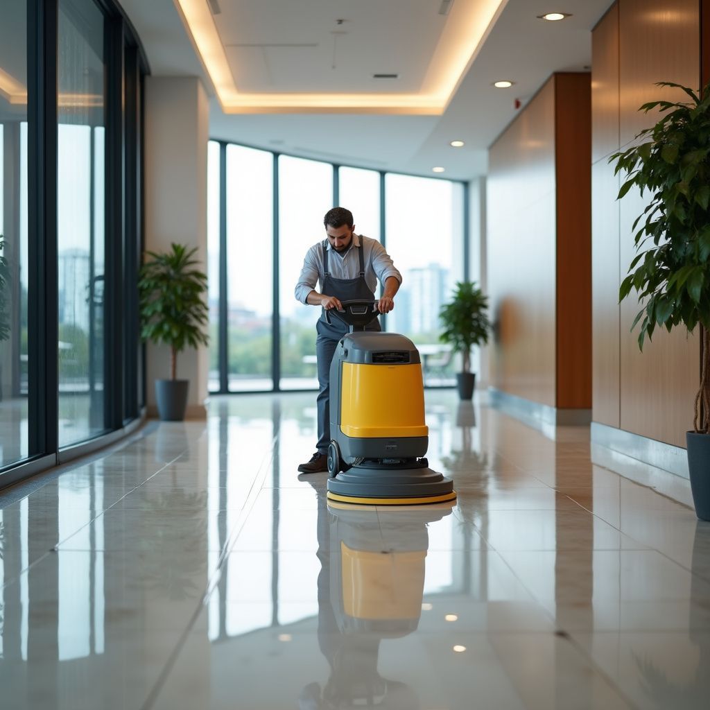 Man using a floor cleaning machine in a well-lit office hallway with large windows and plants.