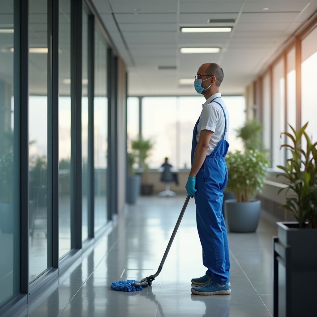 A person in blue overalls and a face mask mops a shiny office hallway.