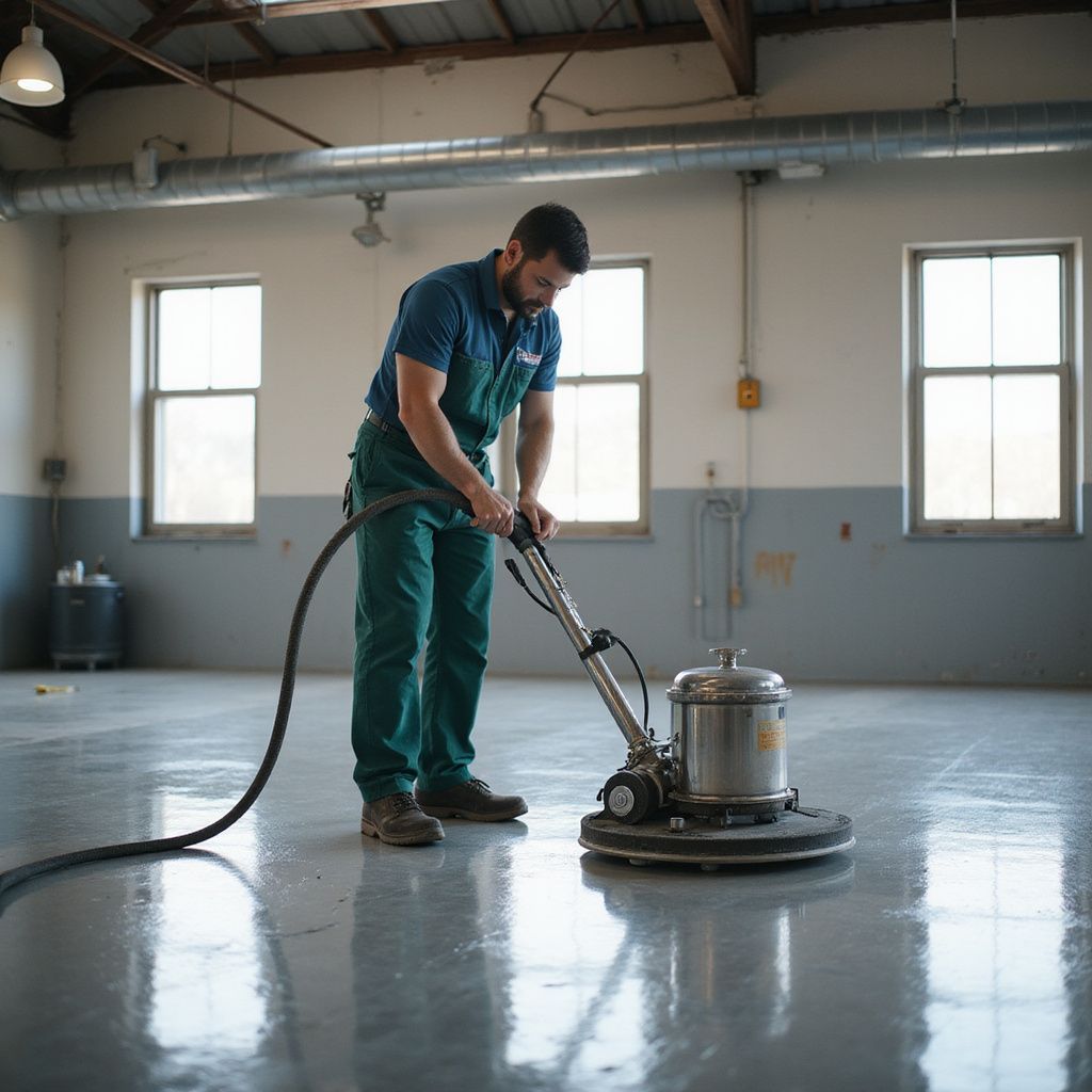 Man using floor polisher in a large, industrial-looking room with windows.