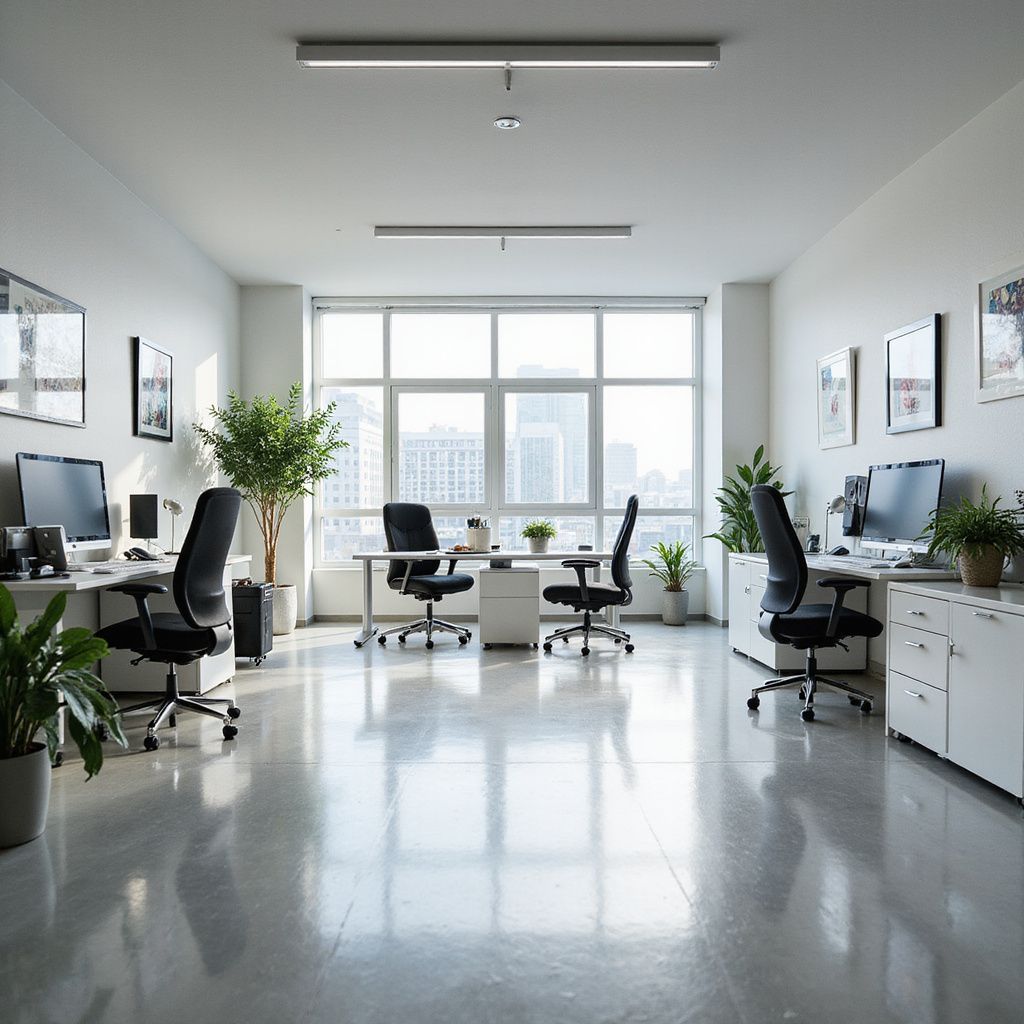 Bright office space with desks, chairs, computers, plants, and a large window overlooking a city.