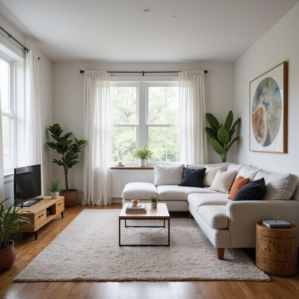 Cozy living room with cream sectional, rug, and wood furniture. Large windows with sheer curtains and plants.