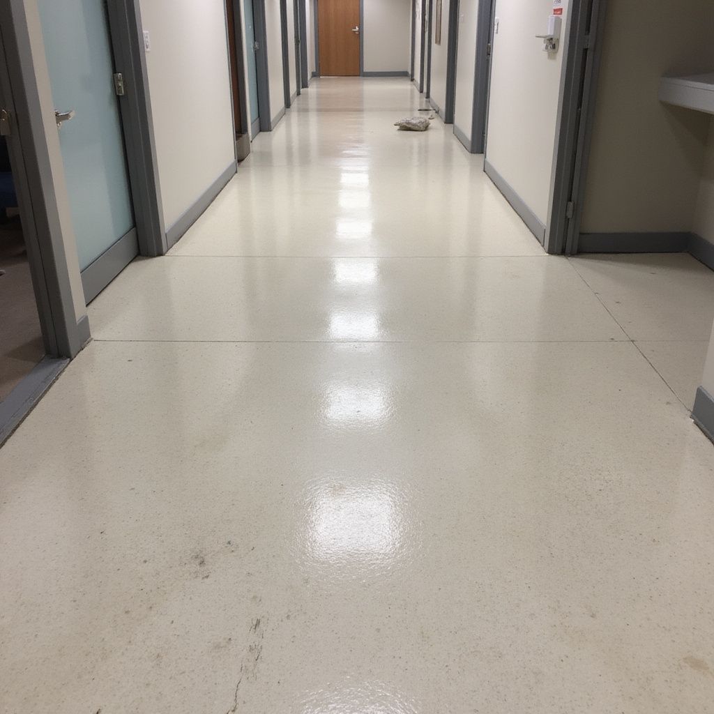 Long hallway with glossy, off-white floor and doors on both sides. A mop rests at the far end.