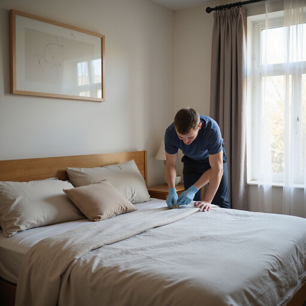 Man making bed in a bedroom. He wears blue gloves, a blue shirt, and dark pants. Room has beige walls and a window.
