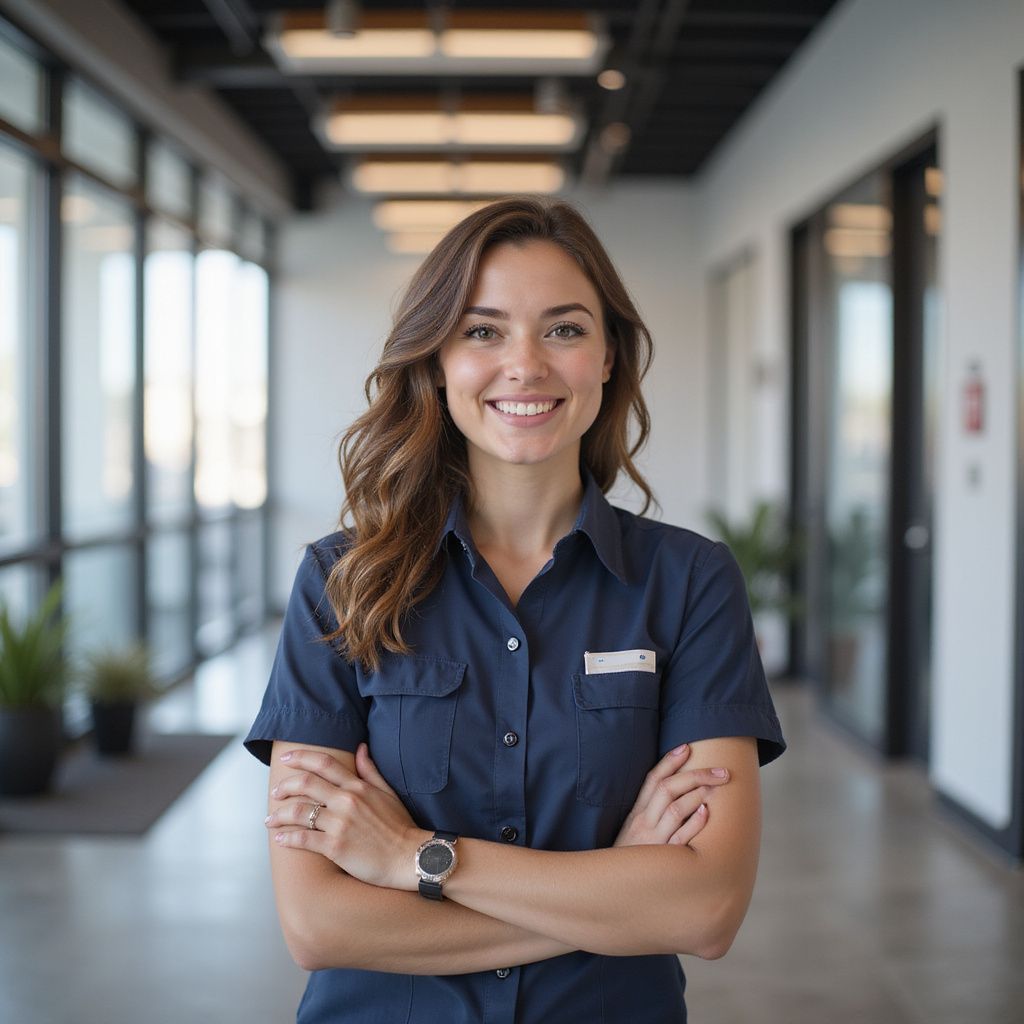 Woman with arms crossed, smiling, in a navy blue shirt, standing in a hallway.