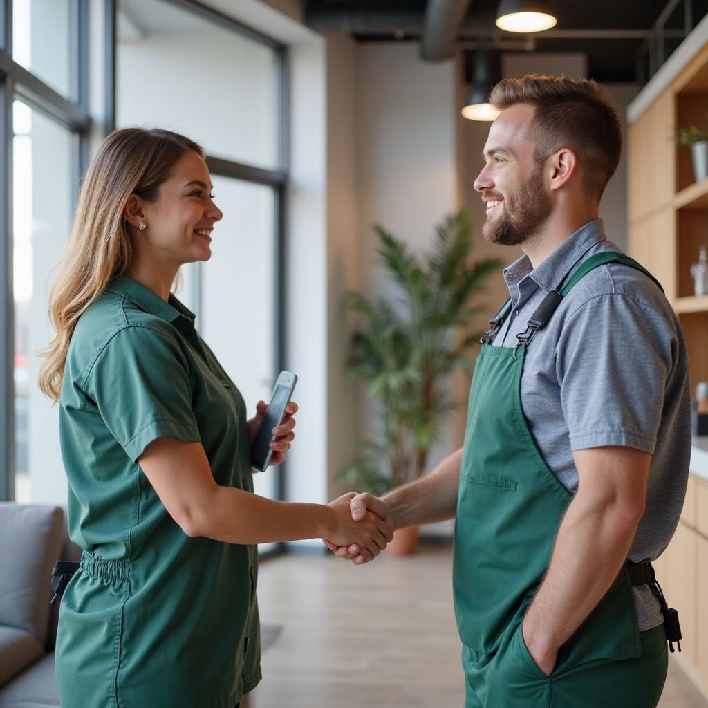 Woman and man in matching green uniforms shaking hands indoors, smiling.