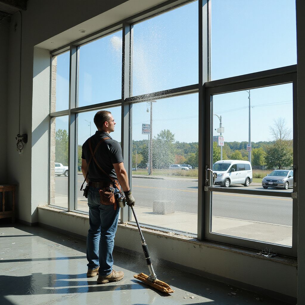 Person cleaning a large window with a mop, indoors; road and cars visible outside.