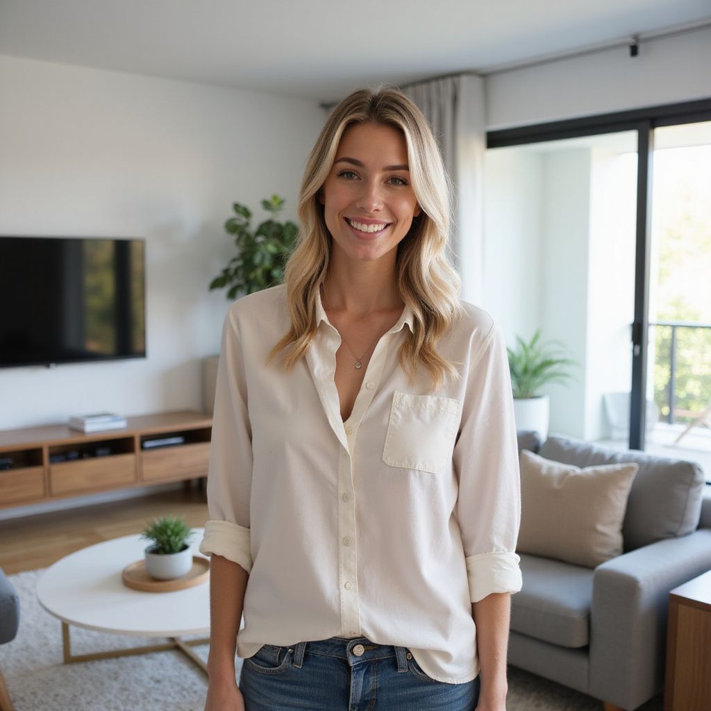 Woman smiling in a modern living room, wearing a light-colored button-up shirt and jeans.