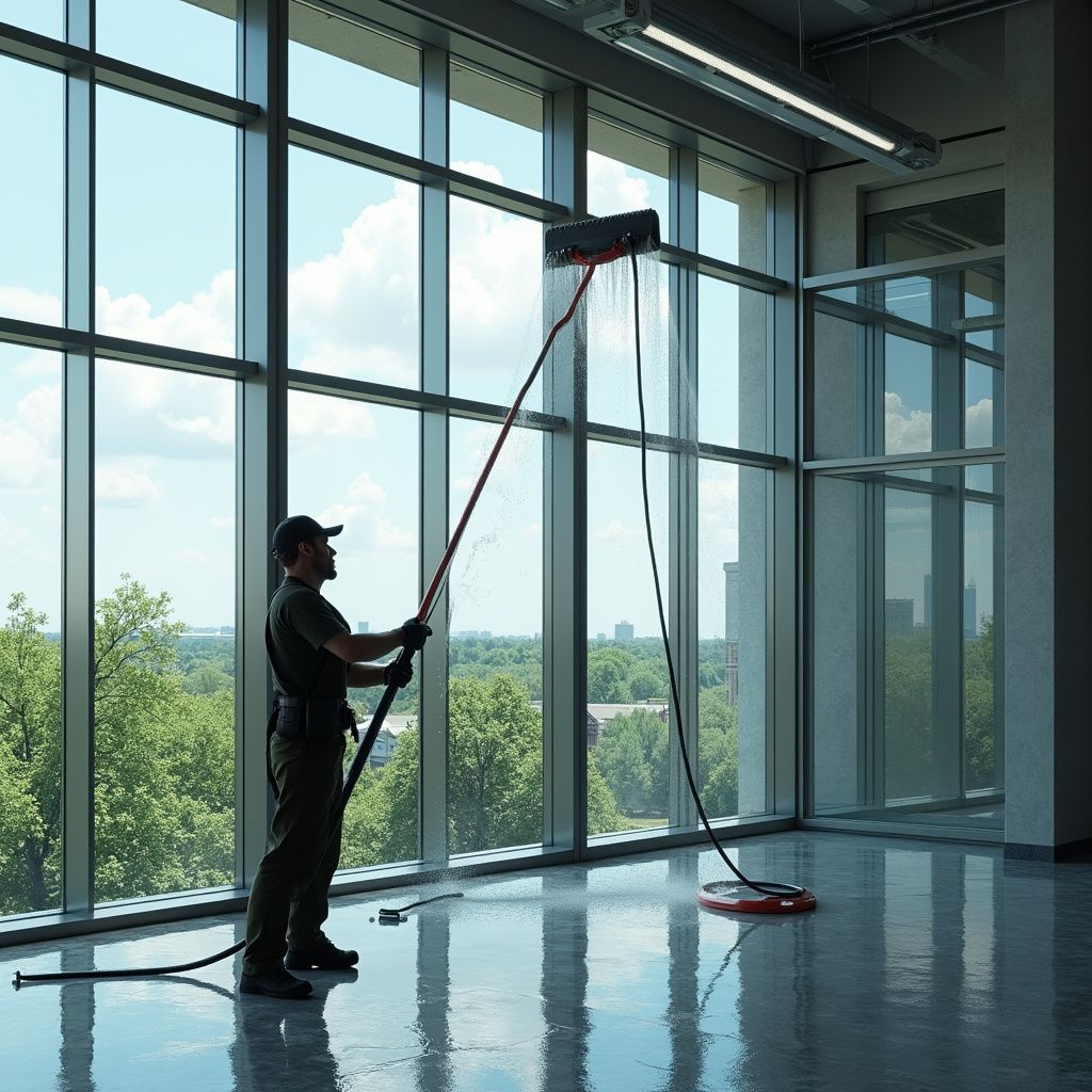 Man cleaning large windows with long-handled squeegee, interior view.