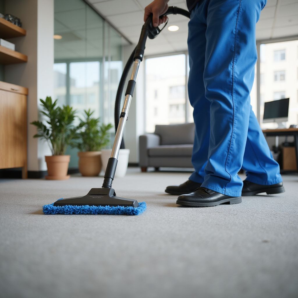 Person in blue pants vacuuming office carpet.