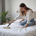 Woman cleaning a white bed with a handheld tool in a bedroom.