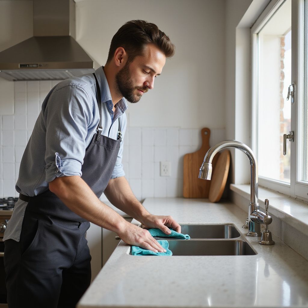 Man in apron wiping down a kitchen sink with a blue cloth.