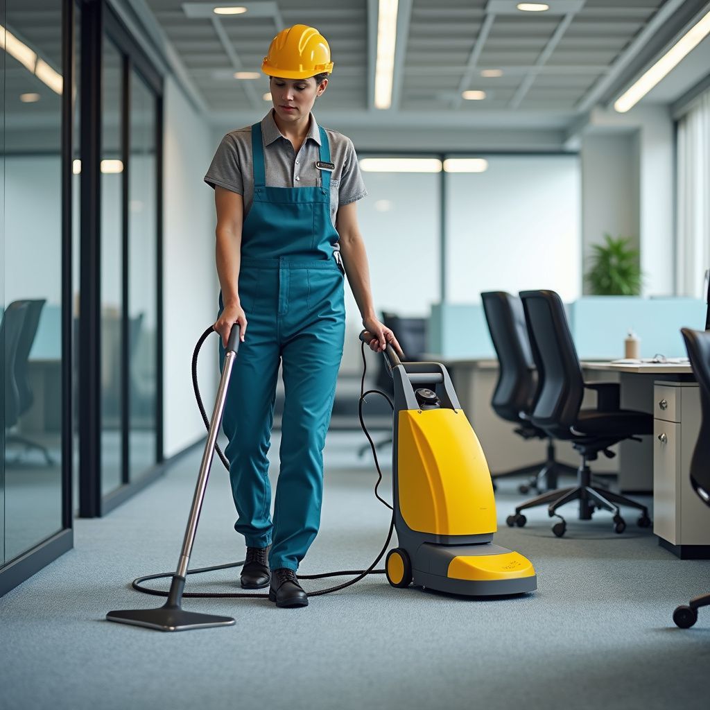 Person cleaning an office carpet with a machine, wearing a yellow hard hat and blue overalls.