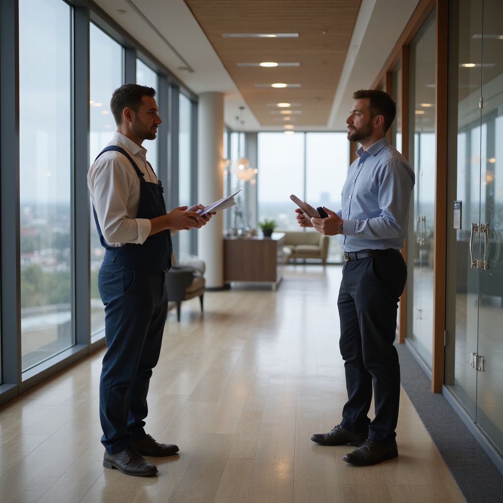 Man in overalls and man in dress shirt talking in a brightly lit office hallway, holding papers.