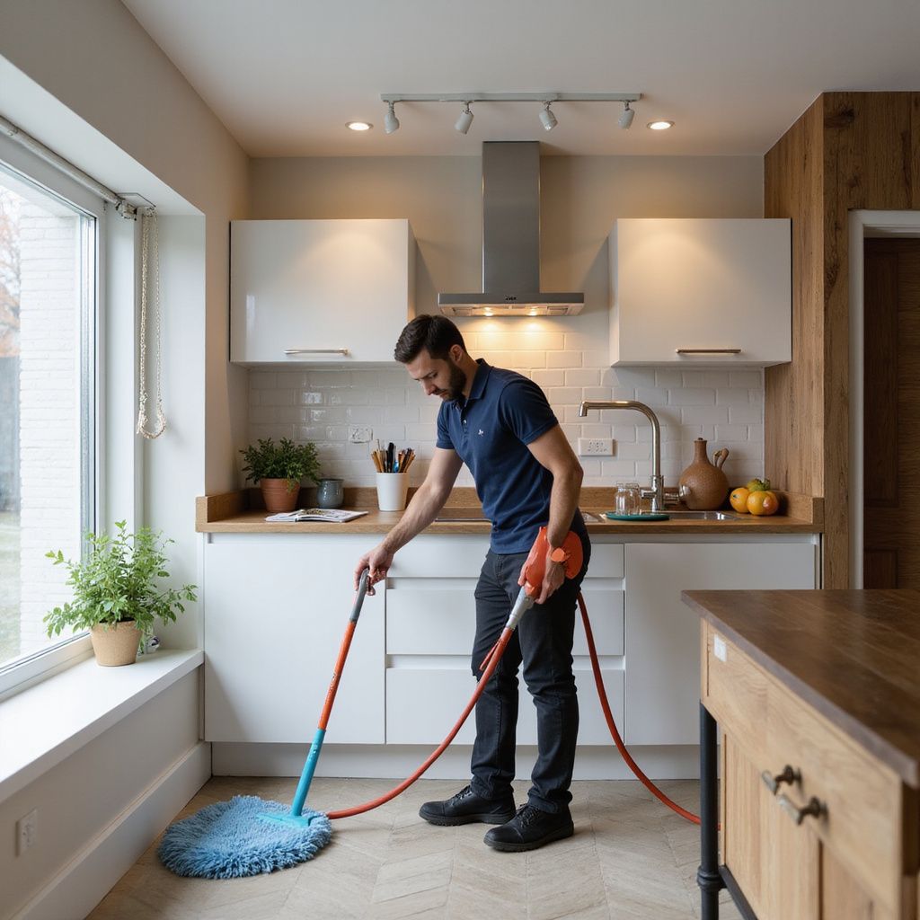 Man mops kitchen floor. He is holding a cleaning tool with a blue mop head, near a window, cabinets, and island.