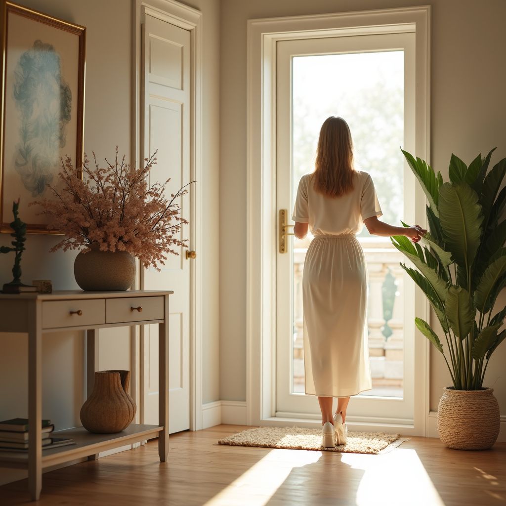 Woman in white dress standing near an open door, facing the sunlight. Interior with plants and art.