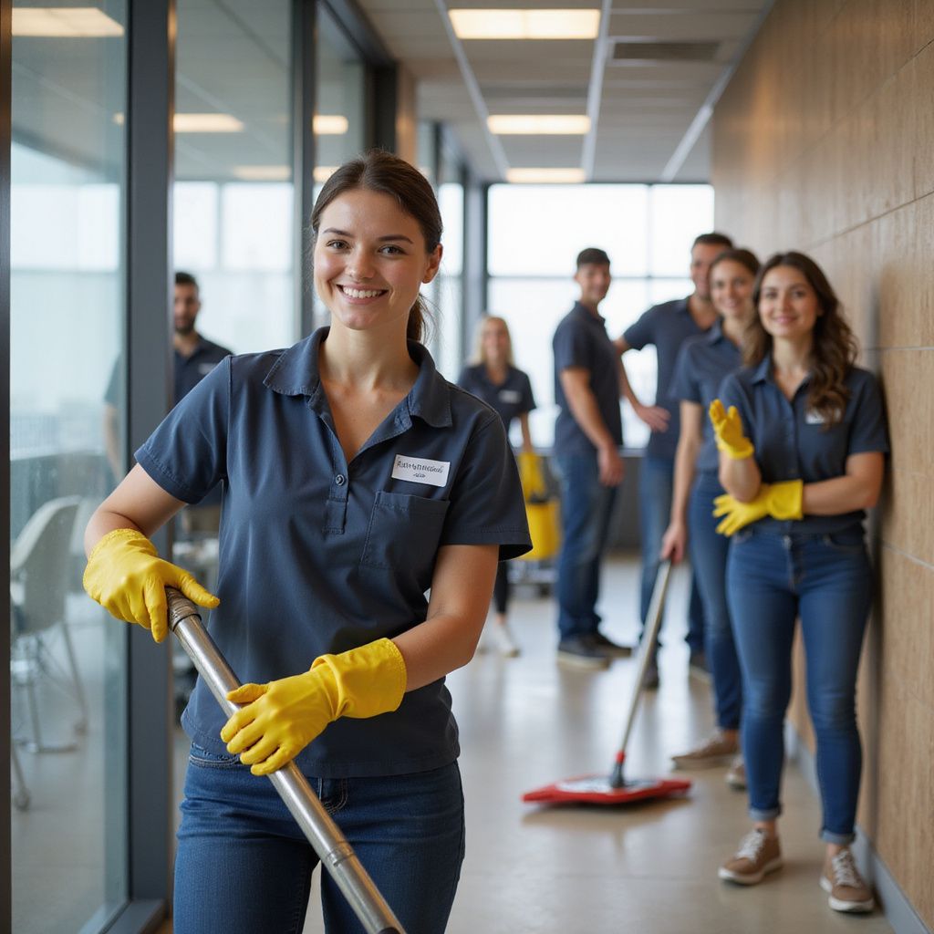 Cleaning crew in blue shirts and jeans smiling in a hallway, holding cleaning equipment.