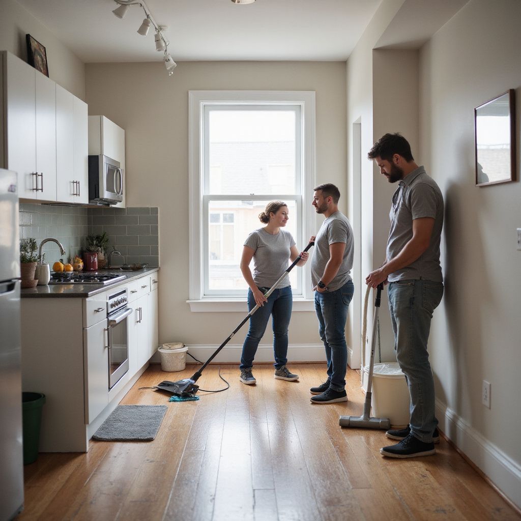 Three people cleaning a kitchen with a window and hardwood floors. One person vacuums, two others look on.