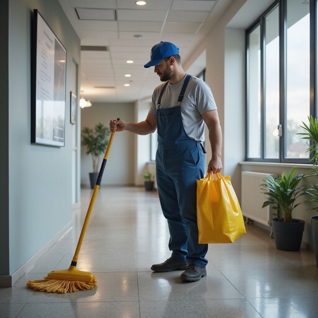 Custodian in blue overalls and cap mops a hallway while holding a yellow bag.