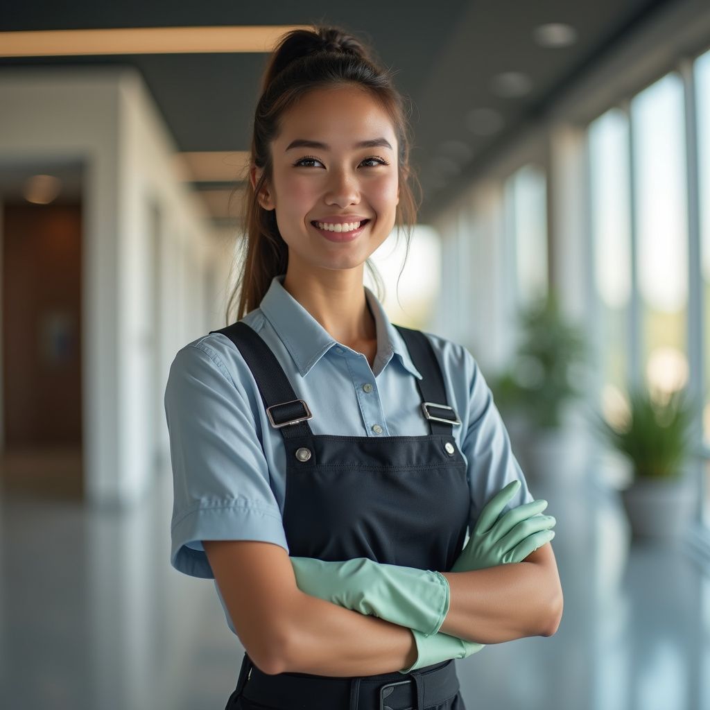 Smiling person in cleaning uniform, arms crossed, in a bright hallway, wearing gloves.