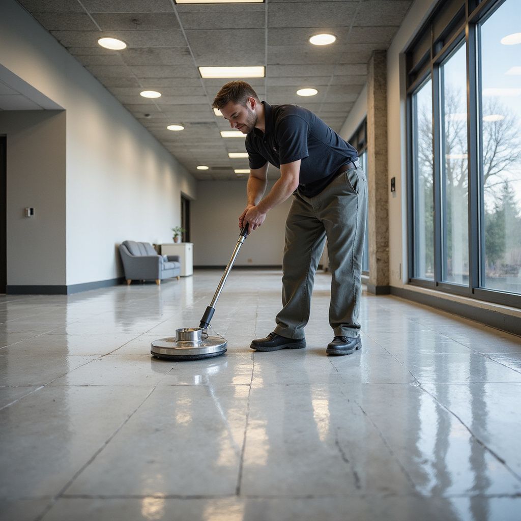 Man using floor cleaner in a long hallway with large windows and a gray couch.