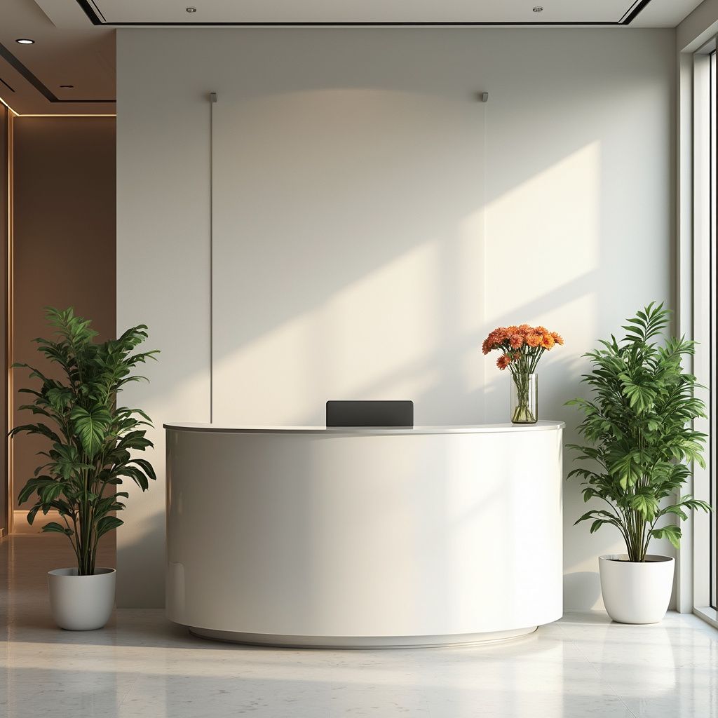 Reception desk with plants and flowers, bathed in sunlight.
