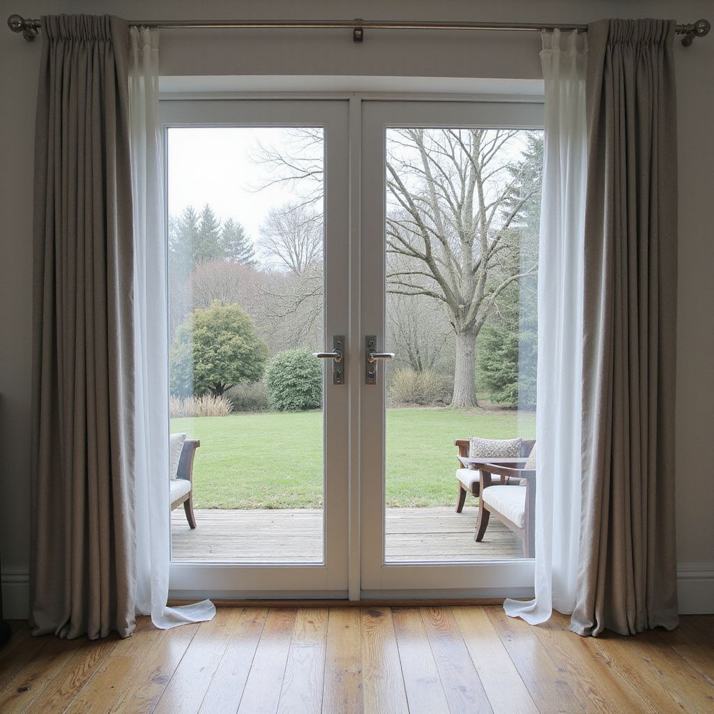Beige curtains frame a white door leading to a yard with a deck, trees, and outdoor furniture.