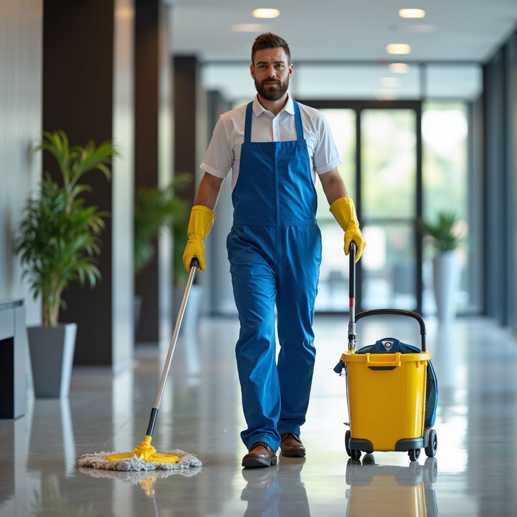Janitor in blue overalls mopping a hallway, yellow bucket nearby, wearing yellow gloves.