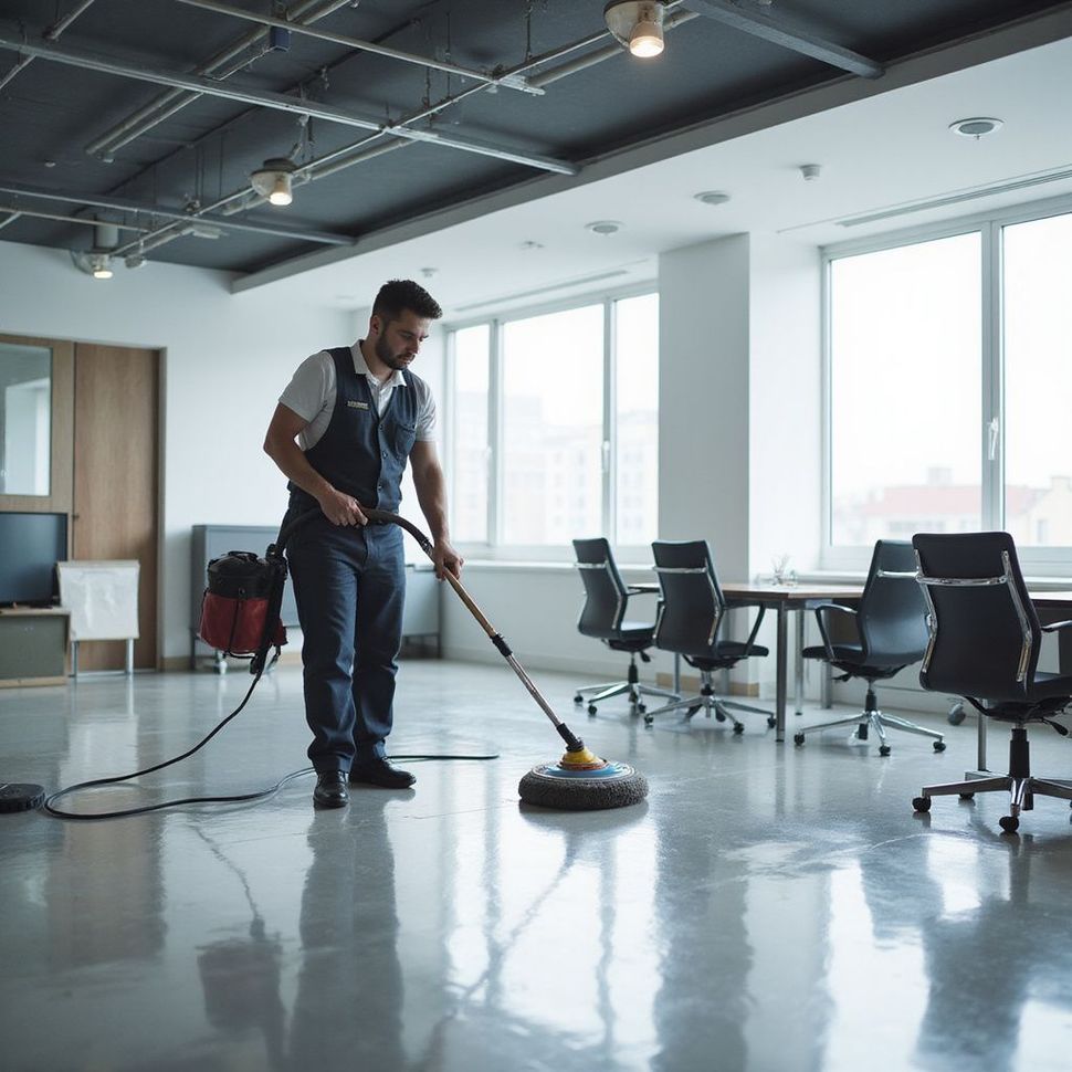 Man cleaning a large, modern office floor with an industrial floor polisher.