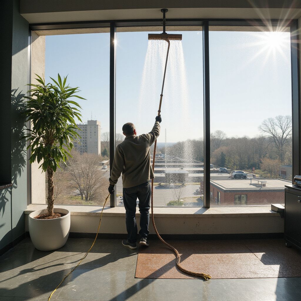 Man using a long hose to spray water from a showerhead hanging in front of a window.