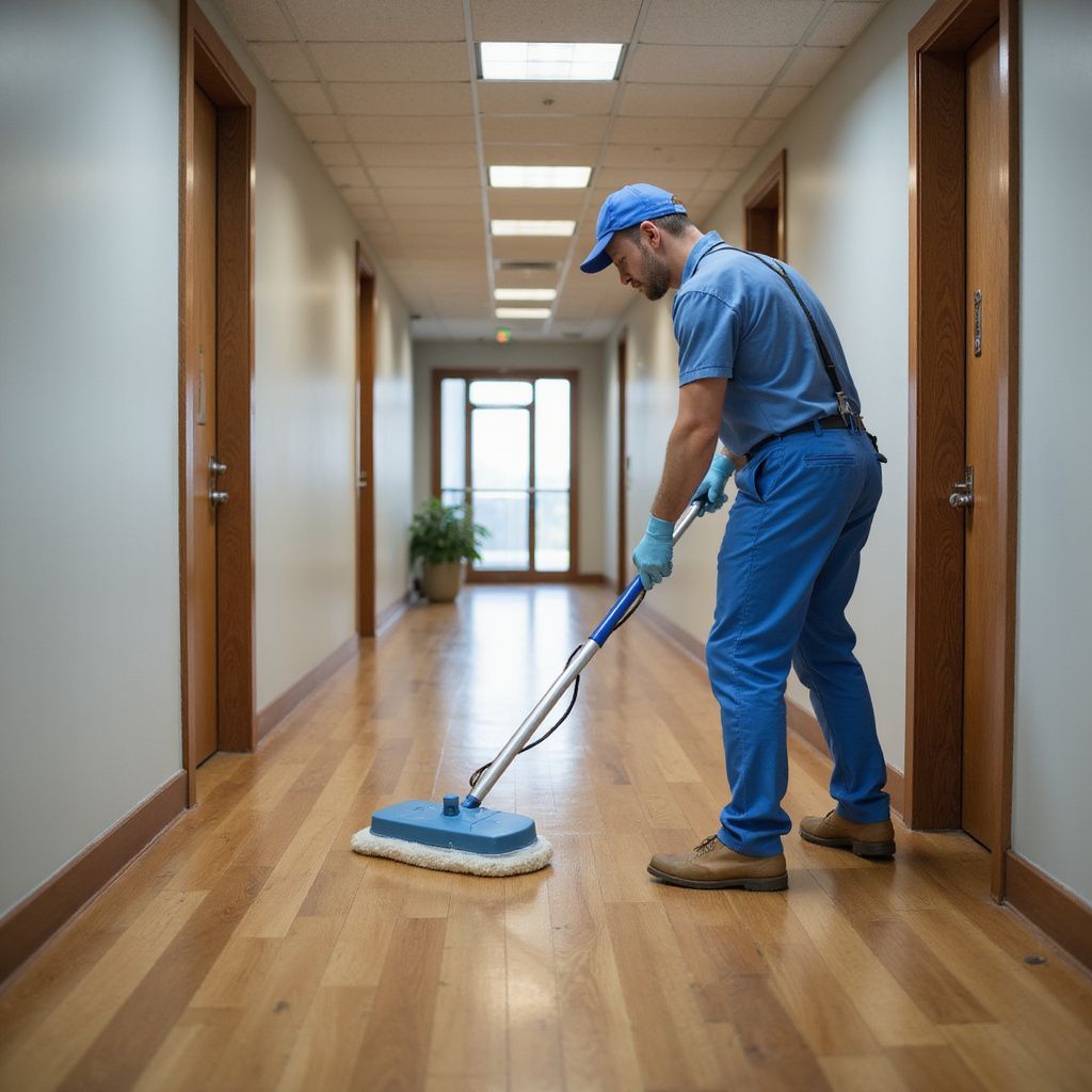 Person in blue uniform cleaning a wood floor in an office hallway.