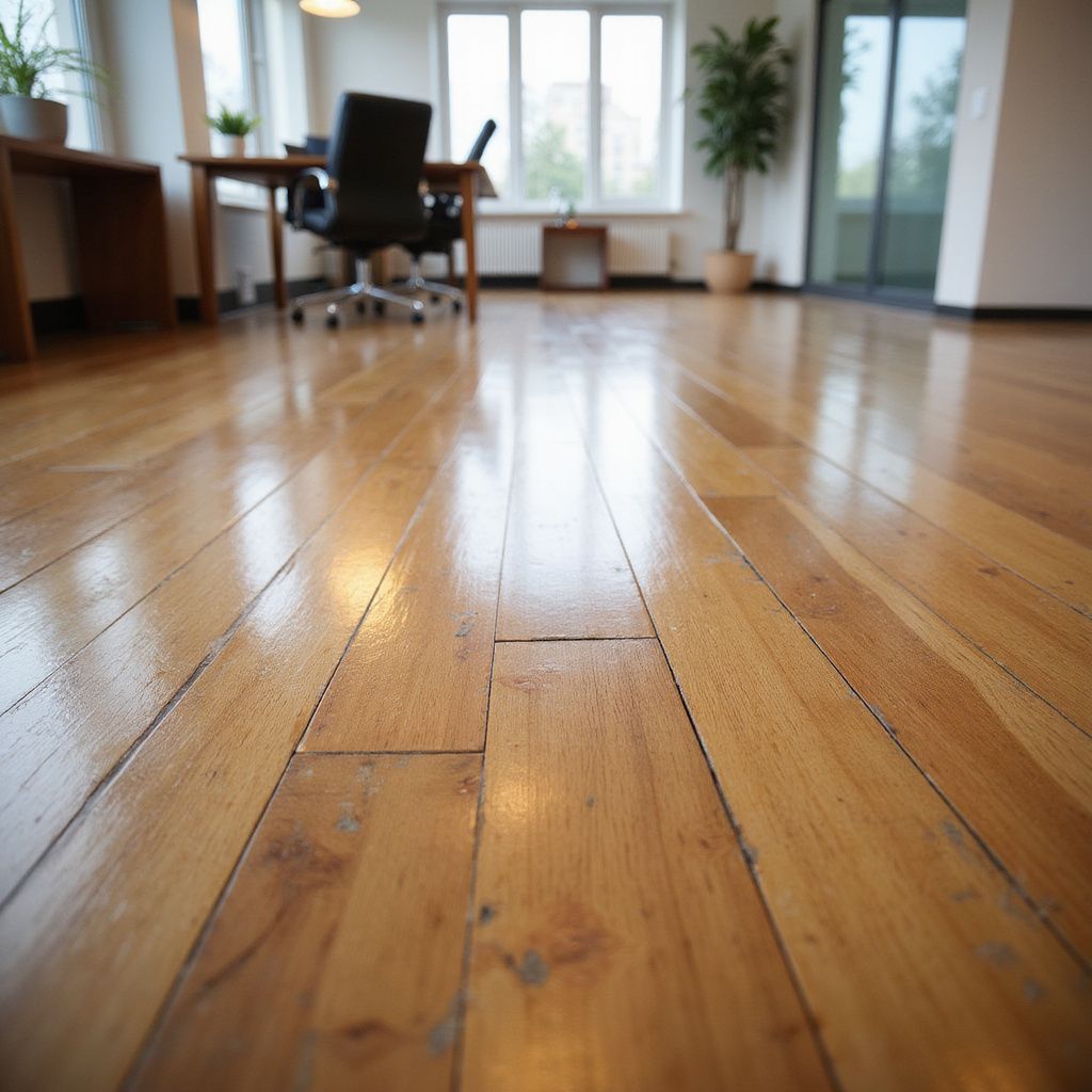 Close-up of polished wooden floor in a room with a desk, chair, and large windows.