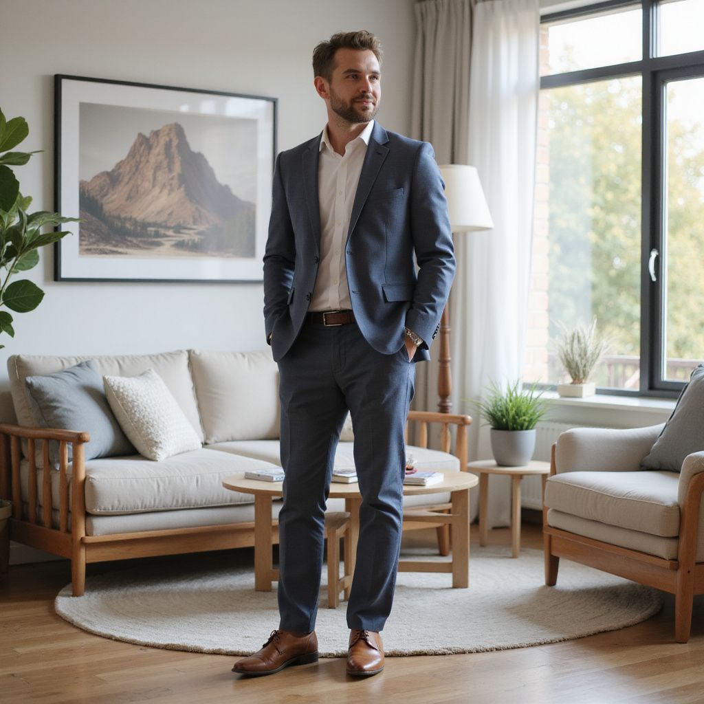 Man in suit stands in a well-lit living room, looking to his right.