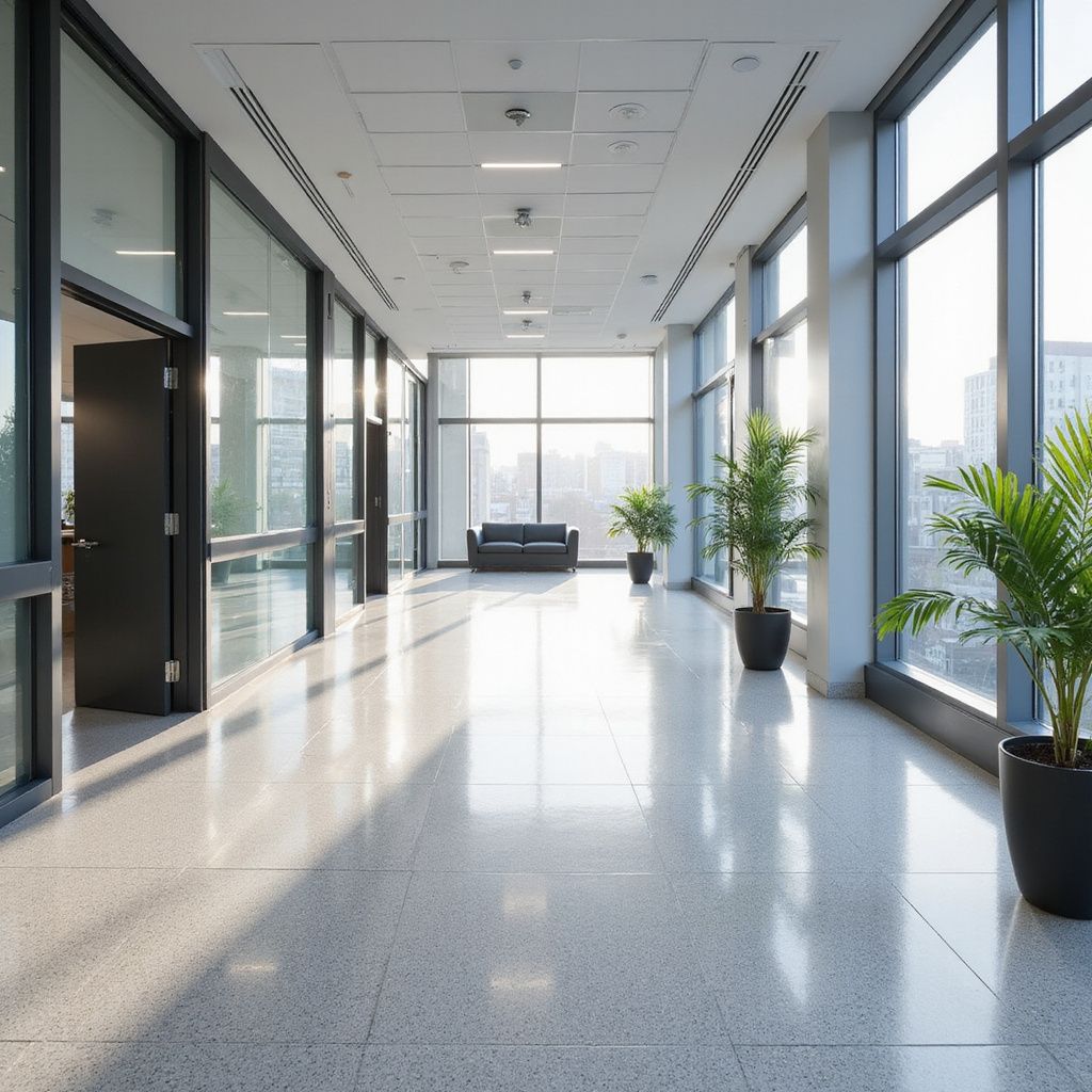 Bright, modern hallway with floor-to-ceiling windows, potted plants, and a sofa.