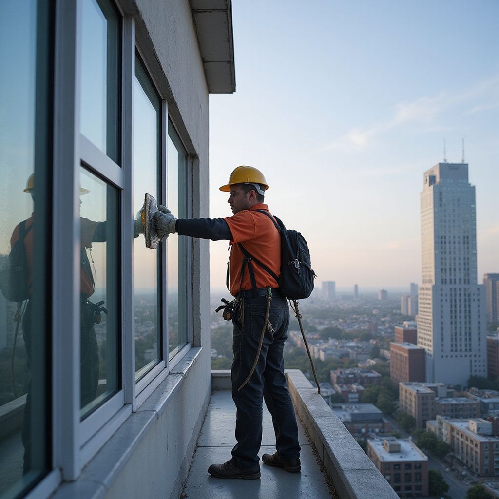 Window washer on high-rise balcony, using a suction cup tool. City skyline in the background.