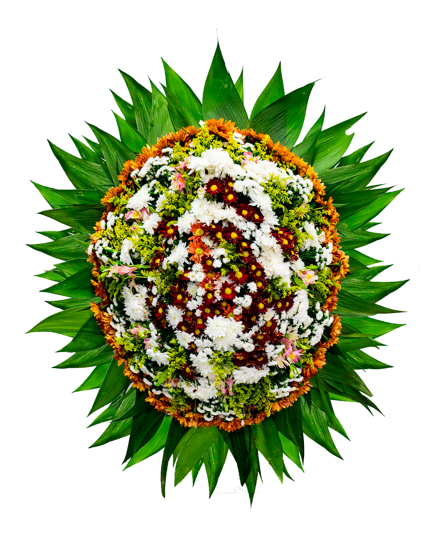 Um buquê de flores vermelhas e amarelas rodeadas por folhas verdes