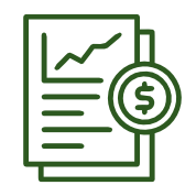 Um ícone de linha verde de um papel com um gráfico e um cifrão.