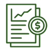 Um ícone de linha verde de um papel com um gráfico e um cifrão.