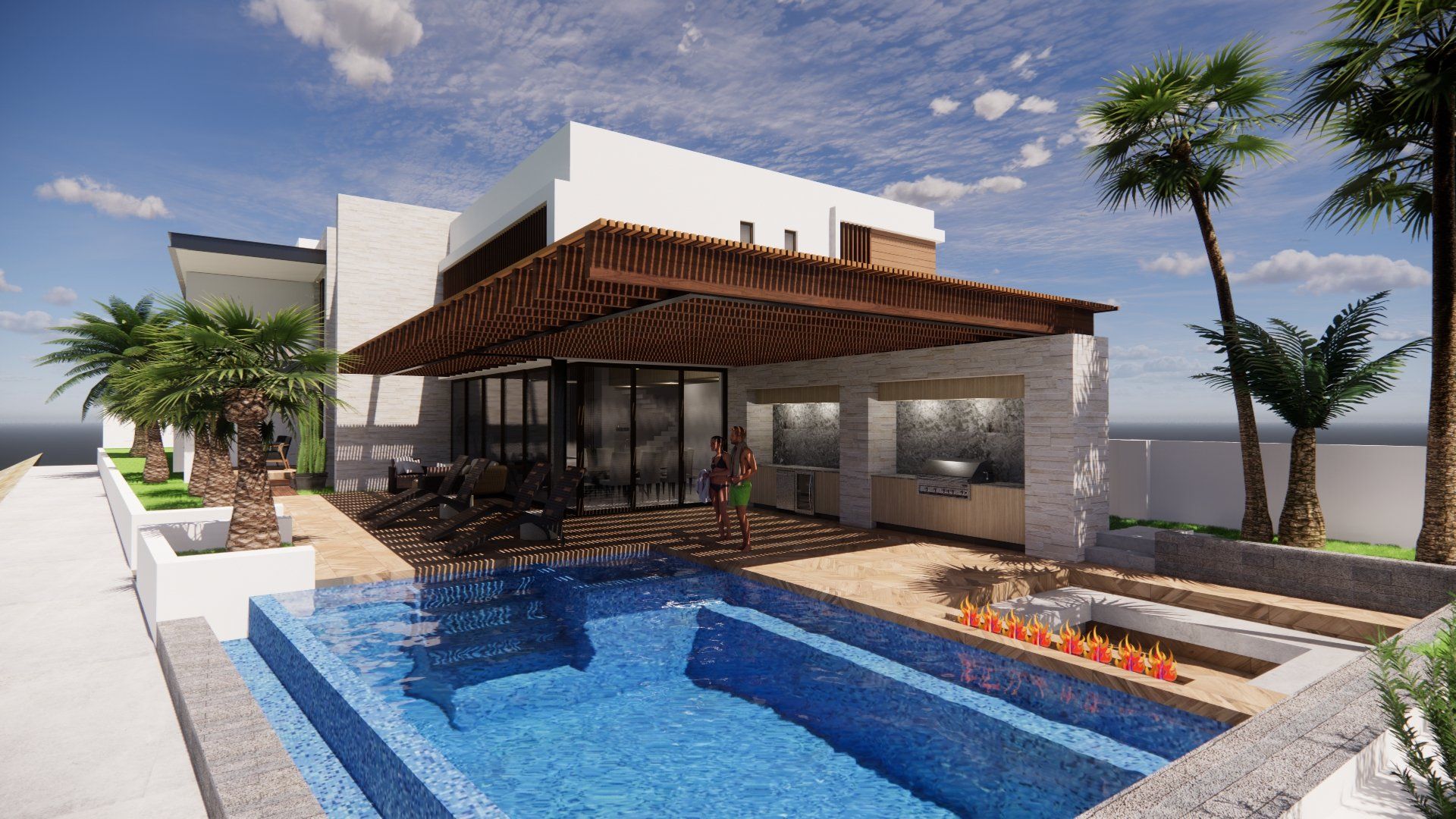 An artist 's impression of a house with a large swimming pool.