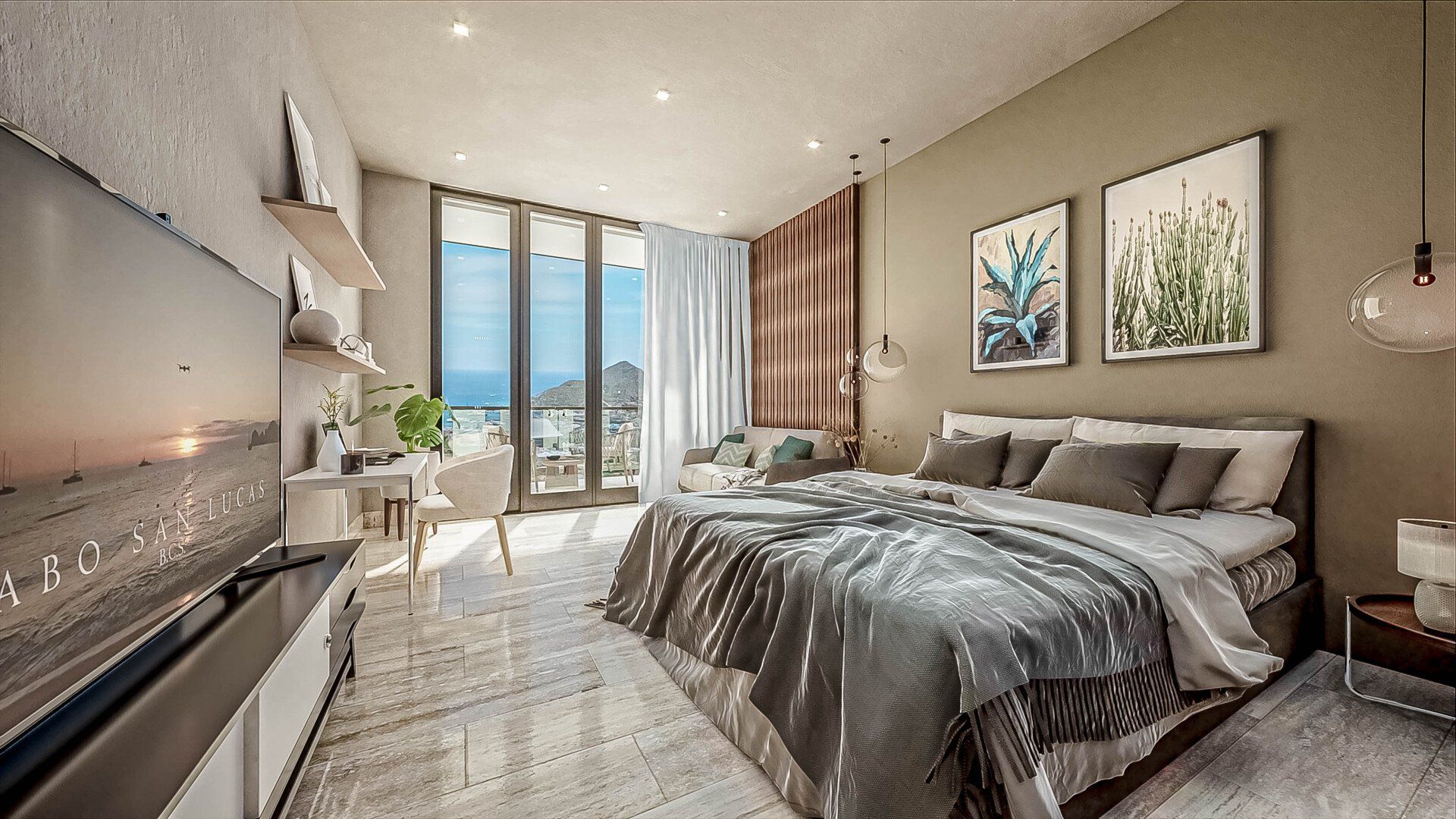 A bedroom with two beds , a television and a balcony.